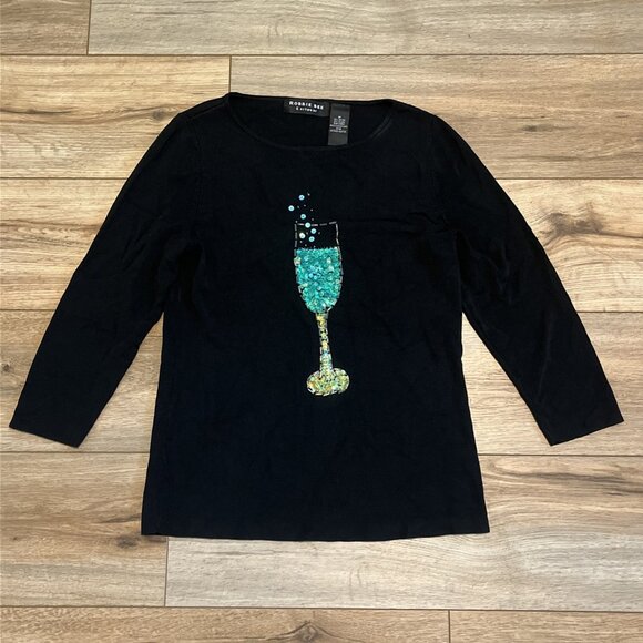 Robbie Bee Champagne Top MEDIUM Black Bubbly Sequin Beaded y2k Stretch Vintage - Picture 1 of 9